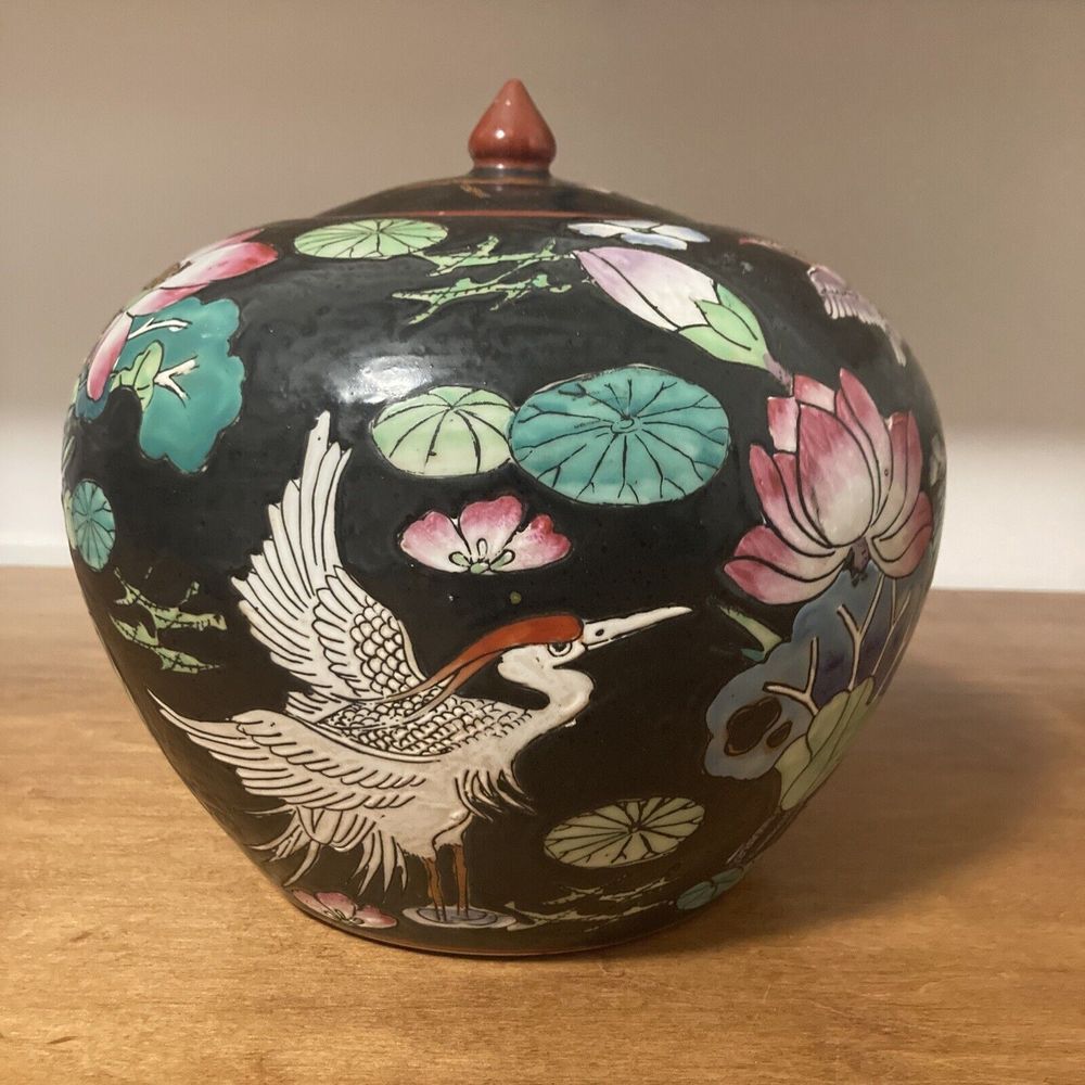 Vintage Chinese Lotus‎ Leaf And Heron Motif Lidded Ginger Jar